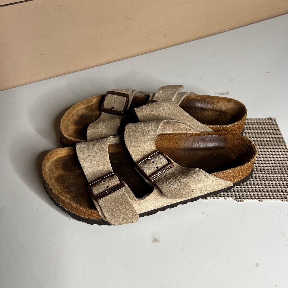 Birkenstock Arizona Taupe Suede Two Strap Slide Sandals Size 37 L6 M4 - Picture 6 of 7